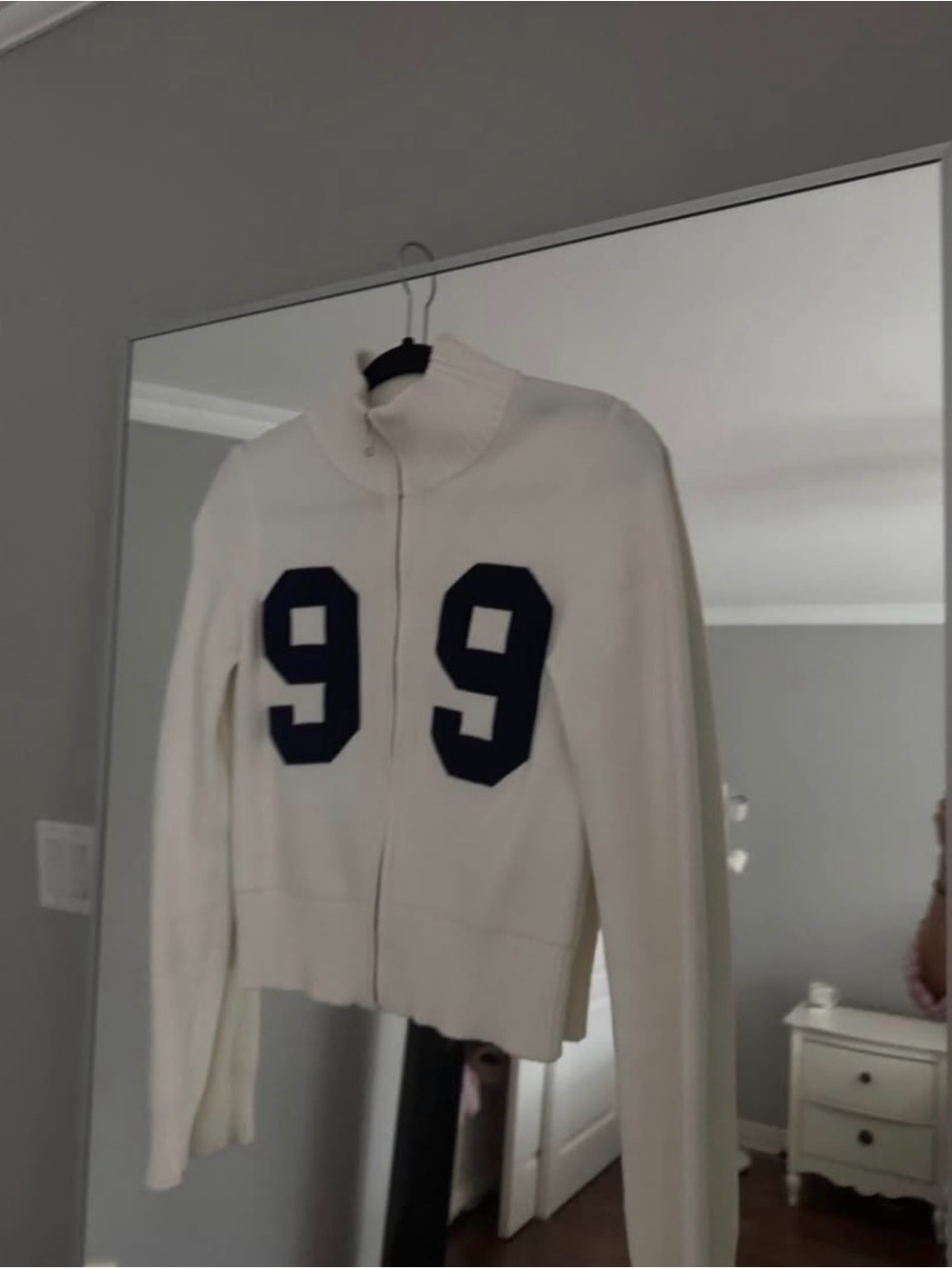 White Zip-Front Knit Jacket with Navy '99' Detail